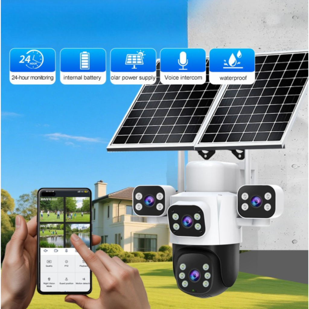 Cameră Solară 4-Lentile 5MP cu Panou Solar 20W, 2 Lentile Rotative Manual + 1 Fixă + 1 Rotativă din Aplicație – Supraveghere 360° Ultra Wide