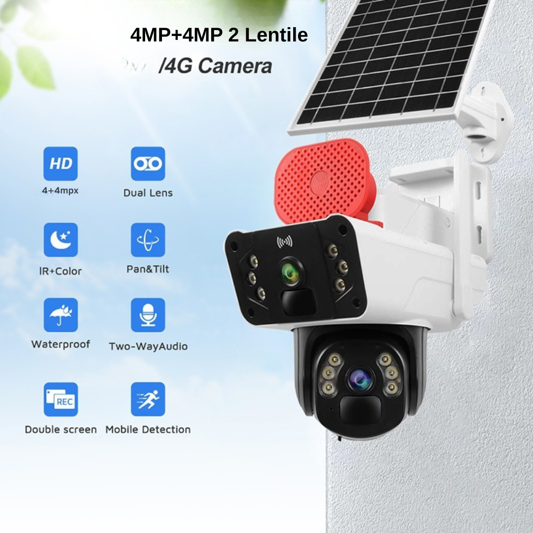 Cameră Supraveghere 4G Solară cu 2 Lentile Dual 4MP + 4MP, Night Vision, Panoramă 360°, Aplicație OKAM