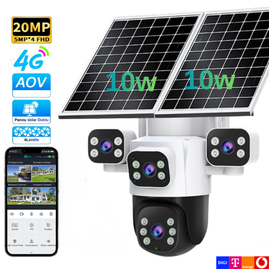 Cameră Solară 4-Lentile 5MP cu Panou Solar 20W, 2 Lentile Rotative Manual + 1 Fixă + 1 Rotativă din Aplicație – Supraveghere 360° Ultra Wide