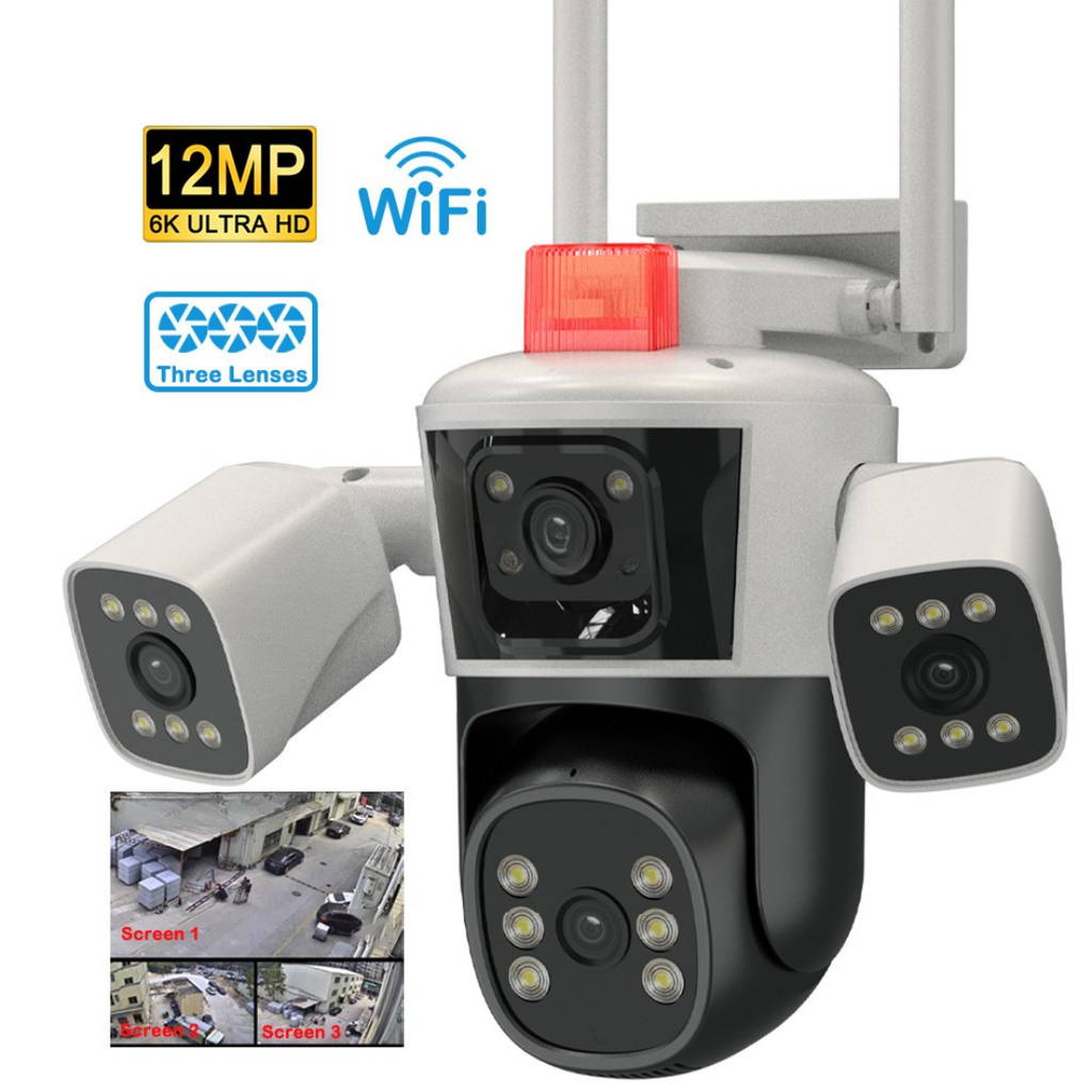 Cameră WiFi cu 3 Lentile 3MP, Senzor Mișcare, Lumină IR, Conectare LAN & WiFi, Alimentare 220V – Supraveghere 360° Ultra Clară