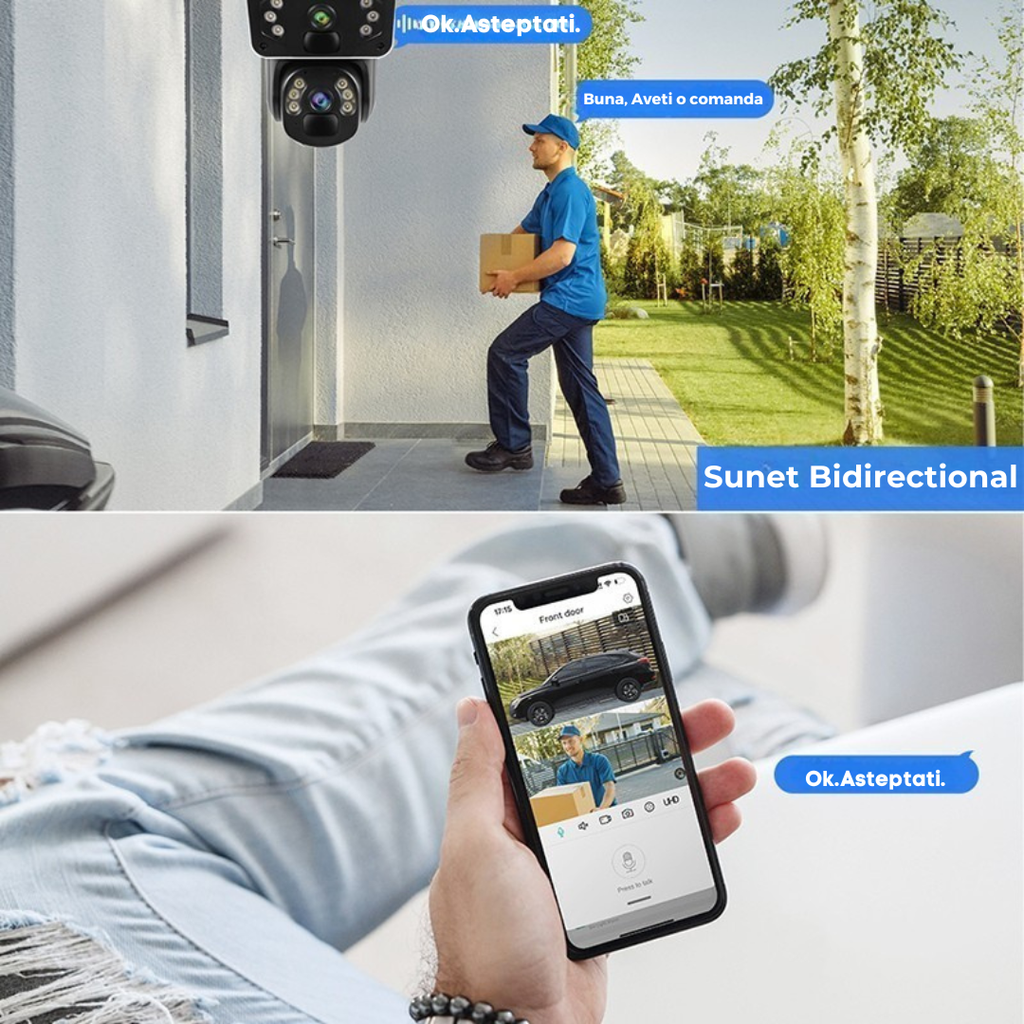 Cameră Supraveghere 4G Solară cu 2 Lentile Dual 4MP + 4MP, Night Vision, Panoramă 360°, Aplicație OKAM