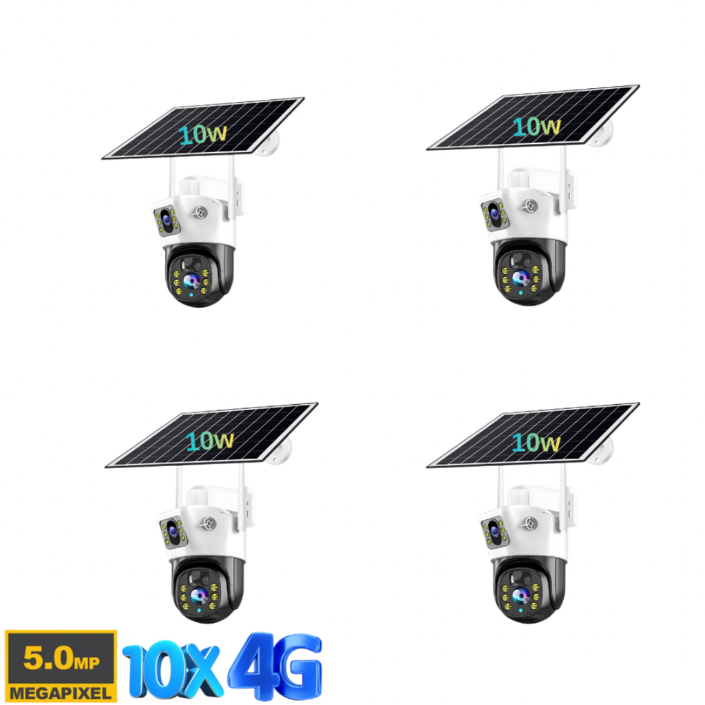 Set 4 Camere Solare Dual-Lens 5MP Ultra HD · Panou 10W · Acumulator 16000mAh · Supraveghere 24/7 cu Detecție Inteligentă Mișcare