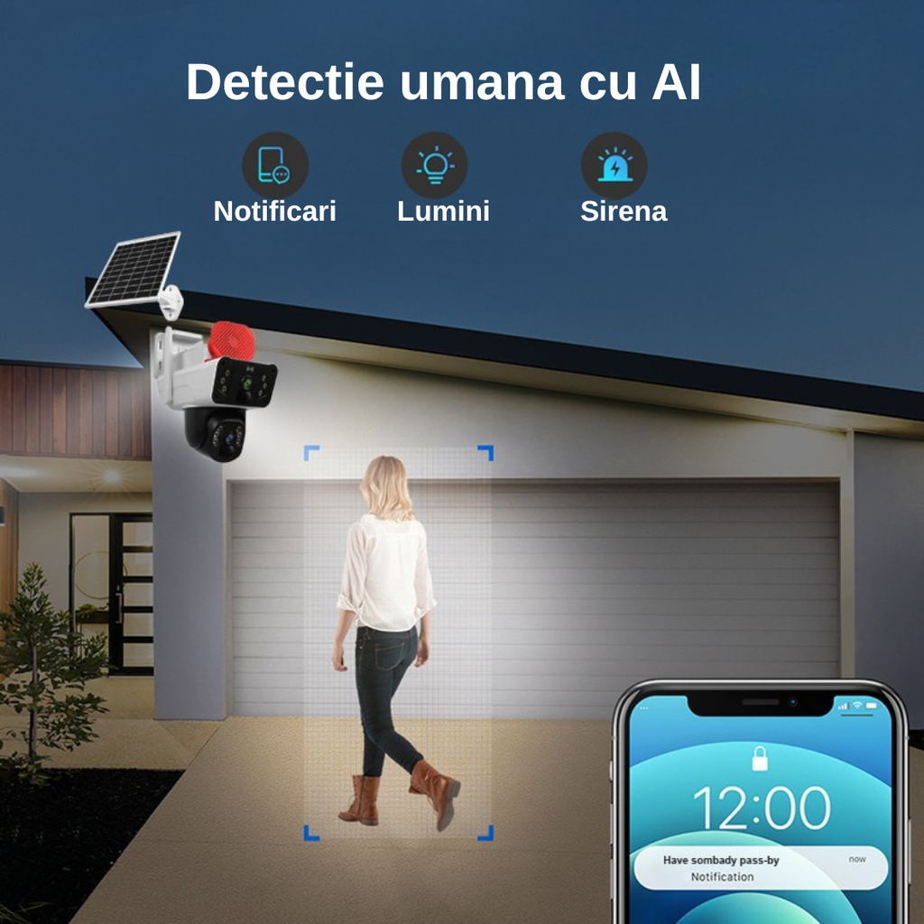 Cameră Supraveghere 4G Solară cu 2 Lentile Dual 4MP + 4MP, Night Vision, Panoramă 360°, Aplicație OKAM