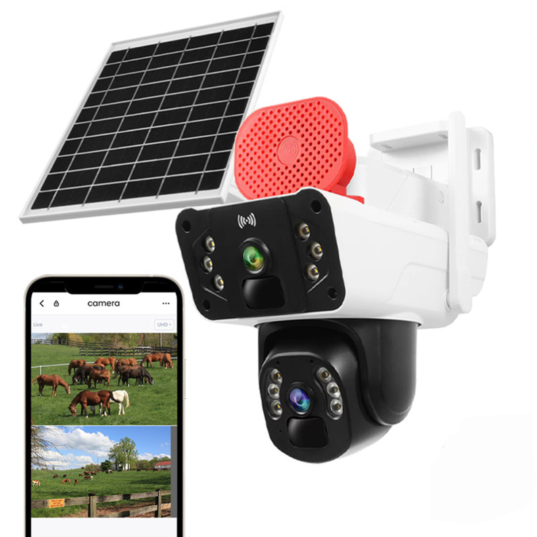 Cameră Supraveghere 4G Solară cu 2 Lentile Dual 4MP + 4MP, Night Vision, Panoramă 360°, Aplicație OKAM