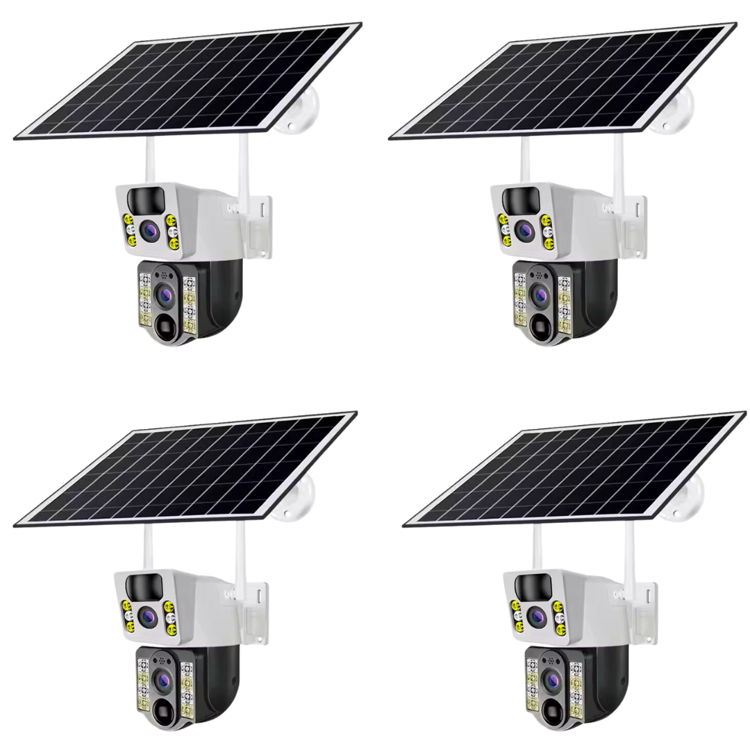 Set 4 Camere de Supraveghere WIFI Dubla, Panou Solar 8W, 6MP, 12.000mAh, Nocturna Color, Zoom 10x, SIM cu internet nelimitat, Card 64GB 