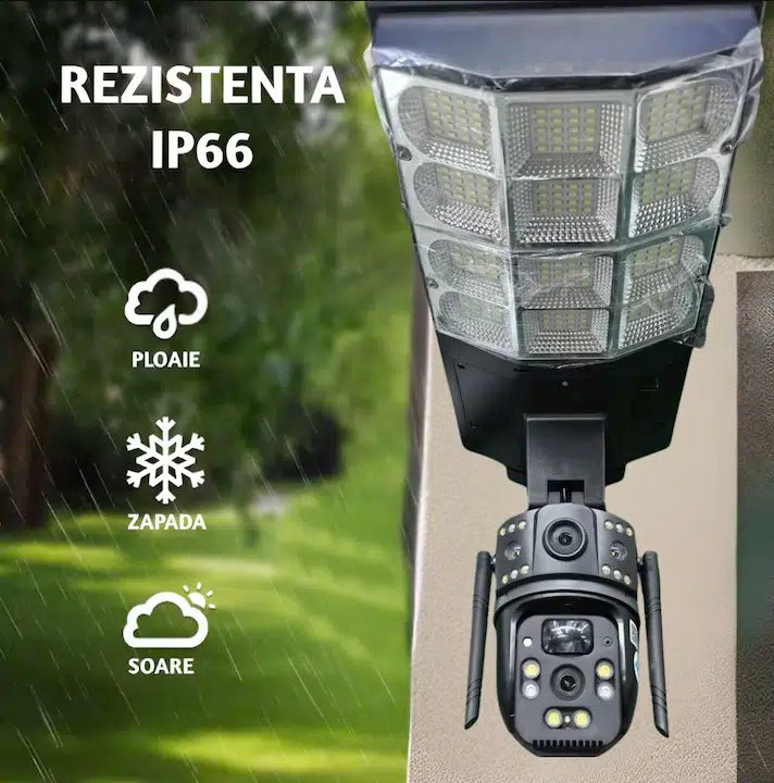 Cameră Supraveghere Duală 4G cu Panou Solar și Lumină Stradală