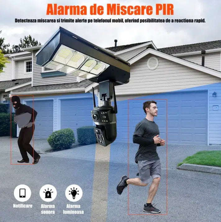 Cameră Supraveghere Duală 4G cu Panou Solar și Lumină Stradală
