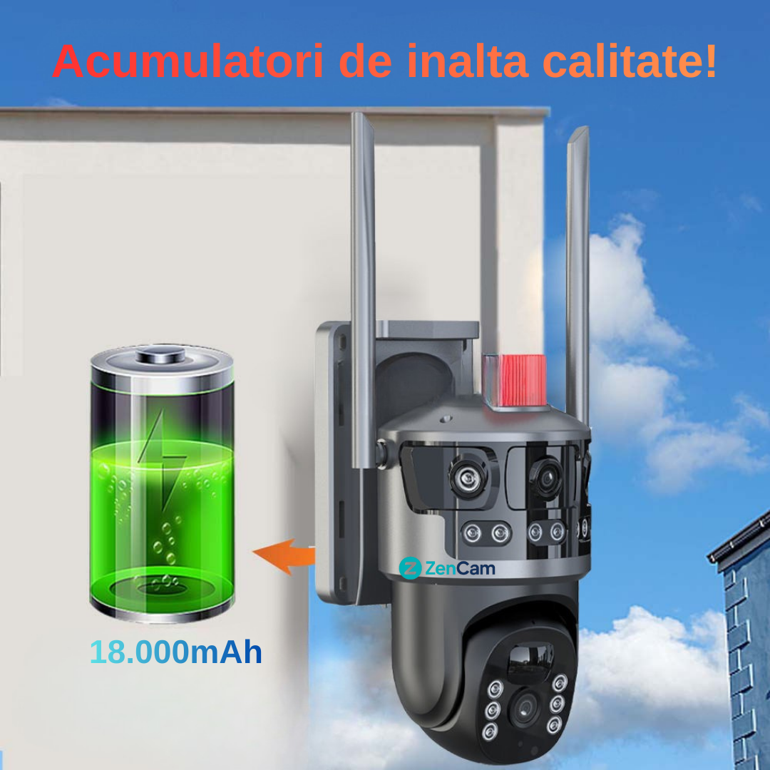 Cameră 4G pentru exterior cu două lentile și panou solar puternic 10W.