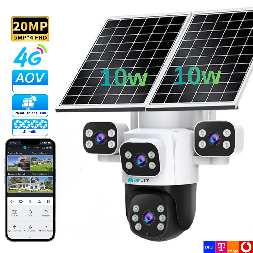Cameră solară cu 4 lentile de 5MP și panou solar dublu de 20W pentru supraveghere 360°.
