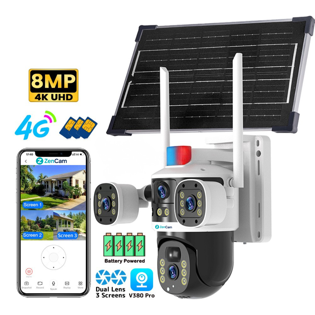 Cameră solară 4G cu 3 lentile și rezoluție 5MP, baterie 16000mAh și vedere nocturnă IR.