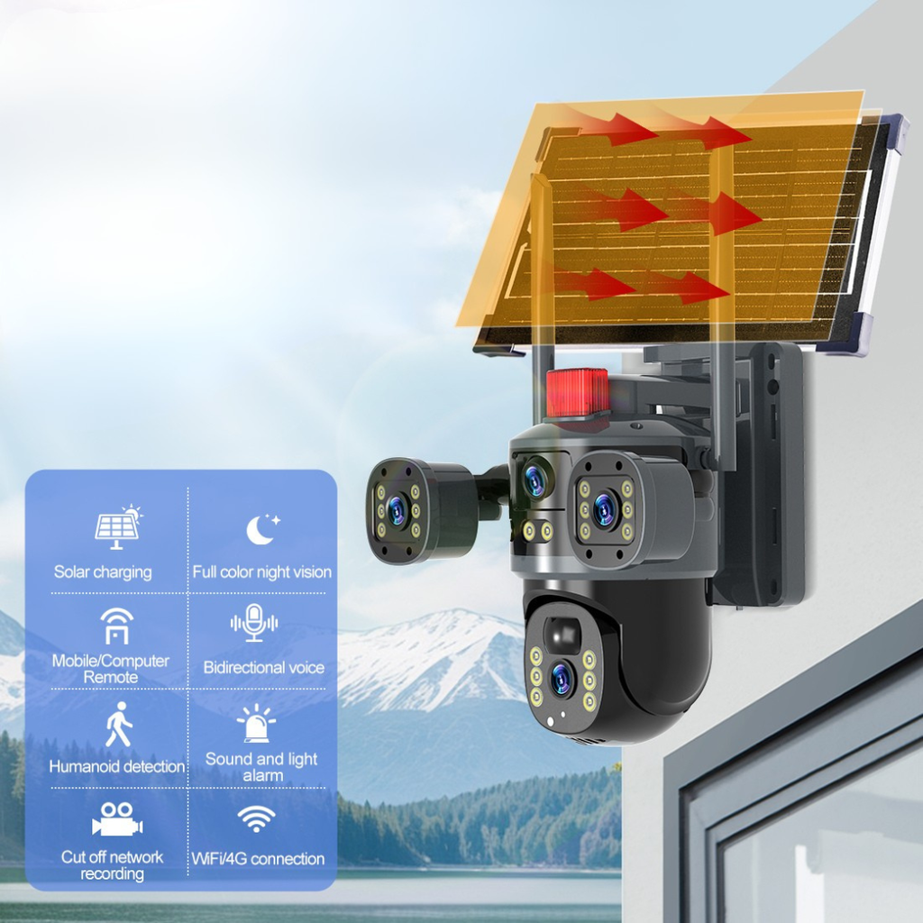 Cameră solară 5MP cu panou solar, lumini IR și sistem de supraveghere pentru exterior IP66.