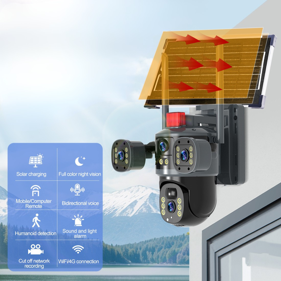 Cameră solară 5MP cu panou solar, lumini IR și sistem de supraveghere pentru exterior IP66.