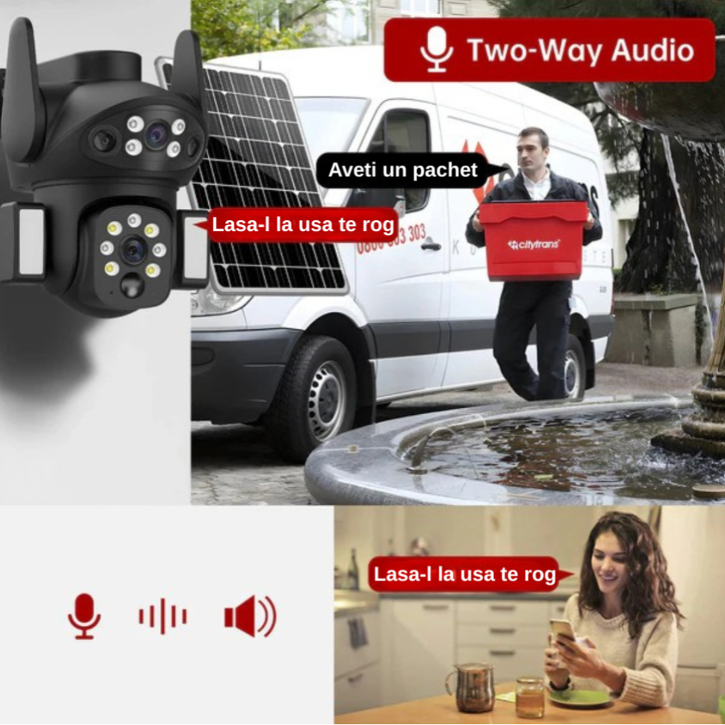 Cameră solară 4G cu alarmă integrată, microfon și difuzor audio, alimentată de panou solar pentru autonomie totală