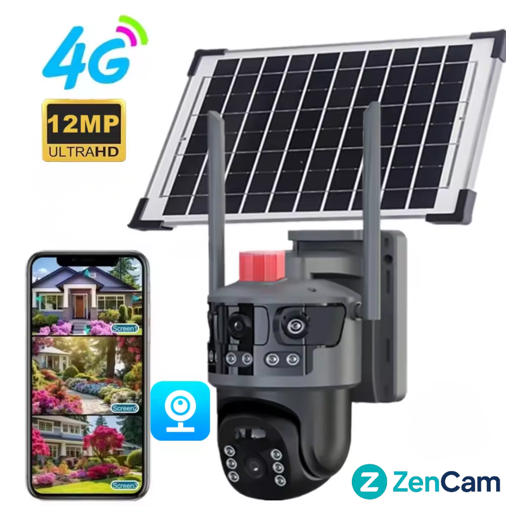 Cameră solară 4G cu două lentile 12MP și panou solar de 10W pentru exterior.