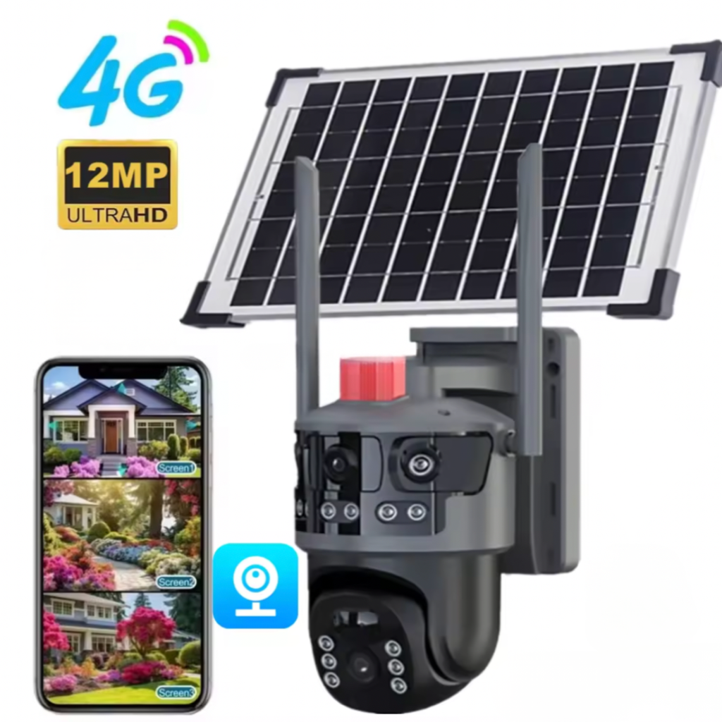 Cameră solară 4G dual-lens 12MP cu viziune 360 de grade, lentilă fixă și rotativă pentru supraveghere completă fără WiFi