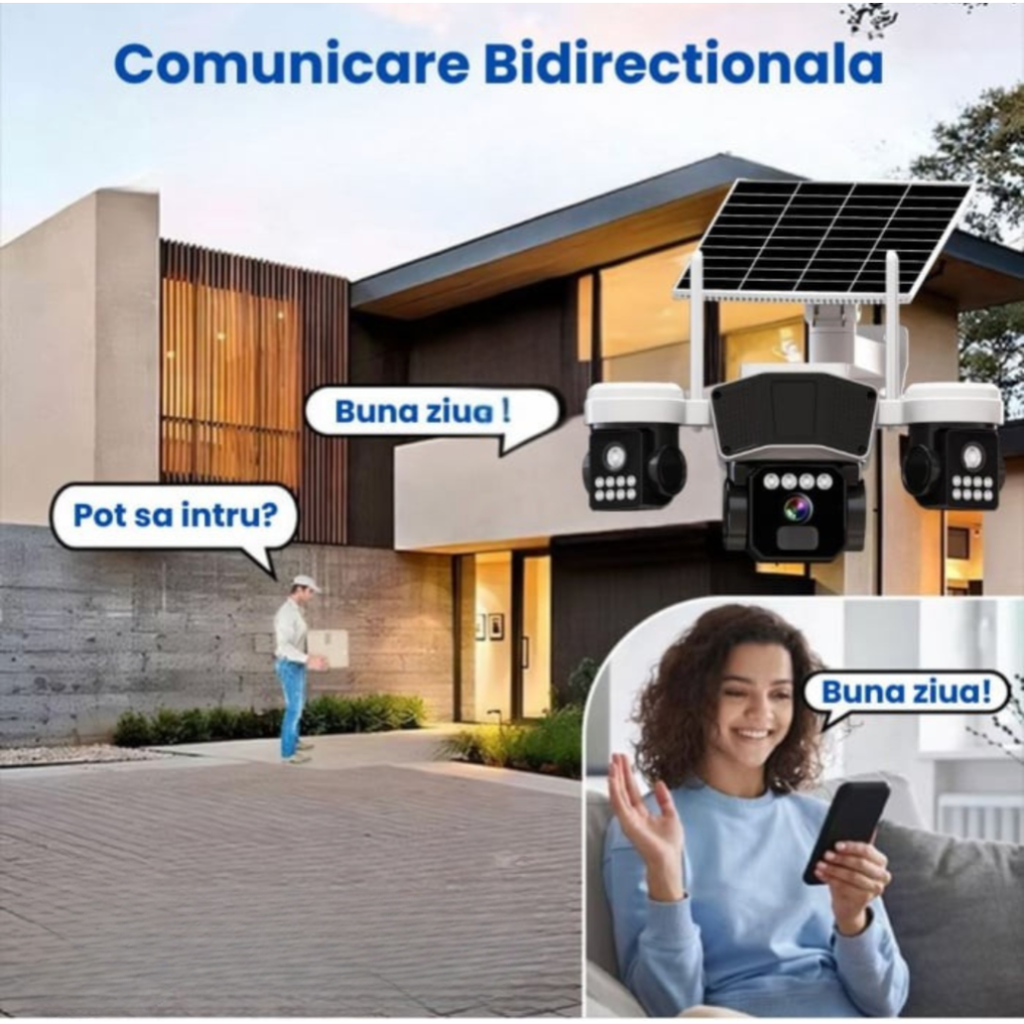 Cameră solară 4G cu microfon și difuzor, vedere nocturnă IR și comunicare audio bidirecțională pentru exterior