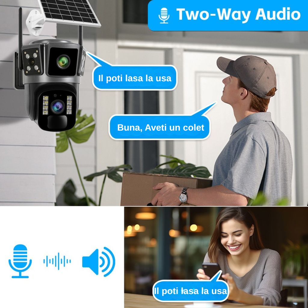 Cameră solară de exterior IP66, rezistentă la ploaie și praf, cu alimentare solară