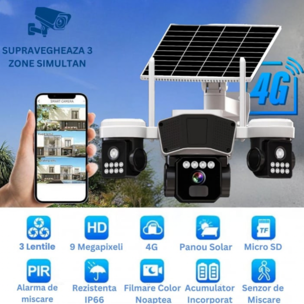 Cameră de supraveghere solară 4G cu vedere 360° manuală și rotire PTZ automată pentru monitorizare fără unghiuri moarte