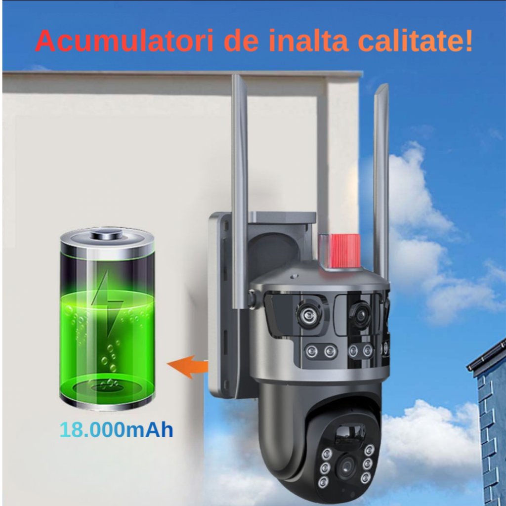 Cameră de supraveghere solară 4G cu acumulator de 18000mAh și panou solar de 10W pentru autonomie totală 24/7