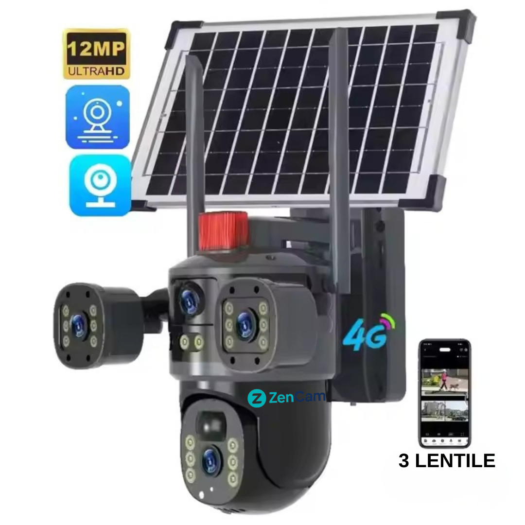 Cameră de supraveghere solară 4G cu unghi larg, senzor de mișcare și funcționare fără curent.
