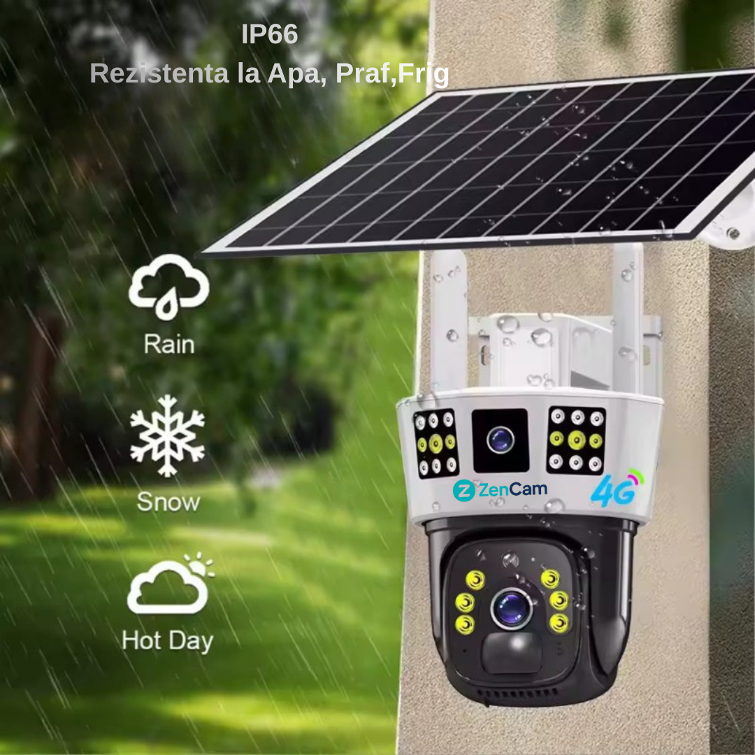 Cameră de supraveghere solară cu lentilă fixă și rotativă, rezoluție 8MP.