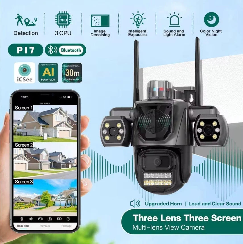Cameră Supraveghere Wi-Fi 3 Lentile 5MP – AI, Senzor Mișcare & Audio Bi-Directional