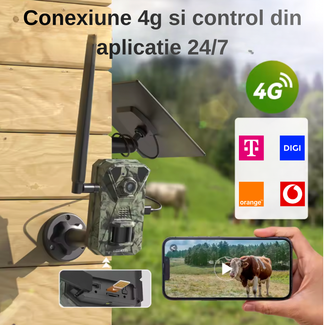 Cameră solară de vânătoare cu autonomie mare 8700mAh și vizualizare pe telefon.