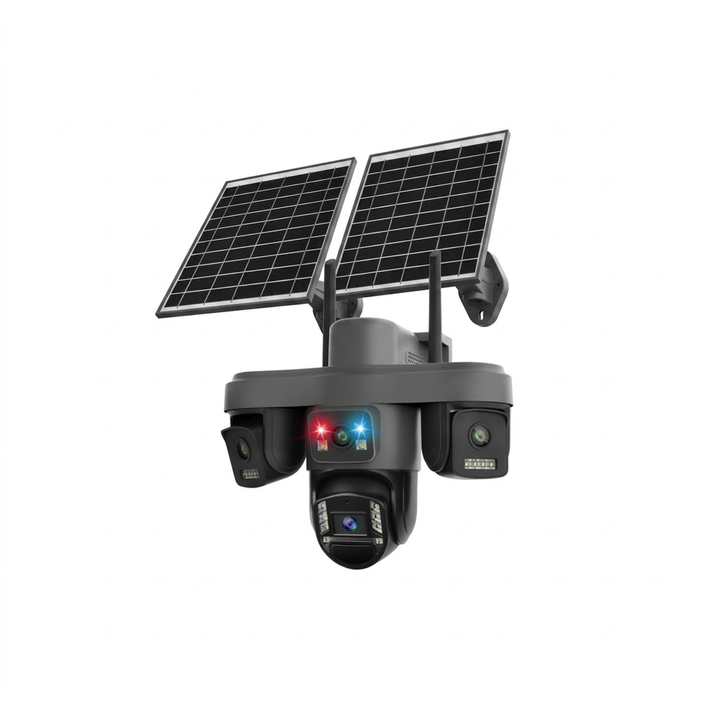 Cameră de Supraveghere 4G cu Panou Solar Dublu, 4 Camere Integrate, 12MP Ultra HD, IP66, Vedere Nocturnă, Card 32GB Inclus