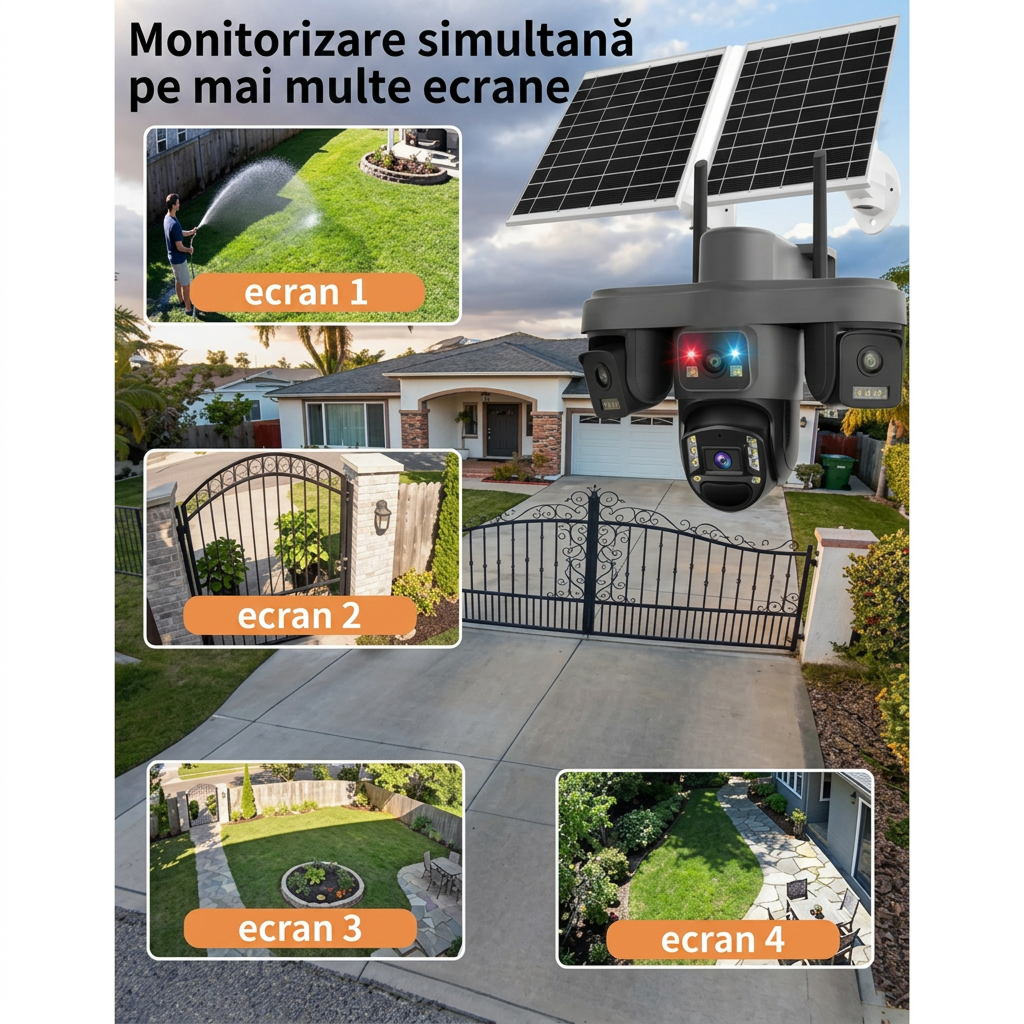 Cameră de Supraveghere 4G cu Panou Solar Dublu, 4 Camere Integrate, 12MP Ultra HD, IP66, Vedere Nocturnă, Card 32GB Inclus