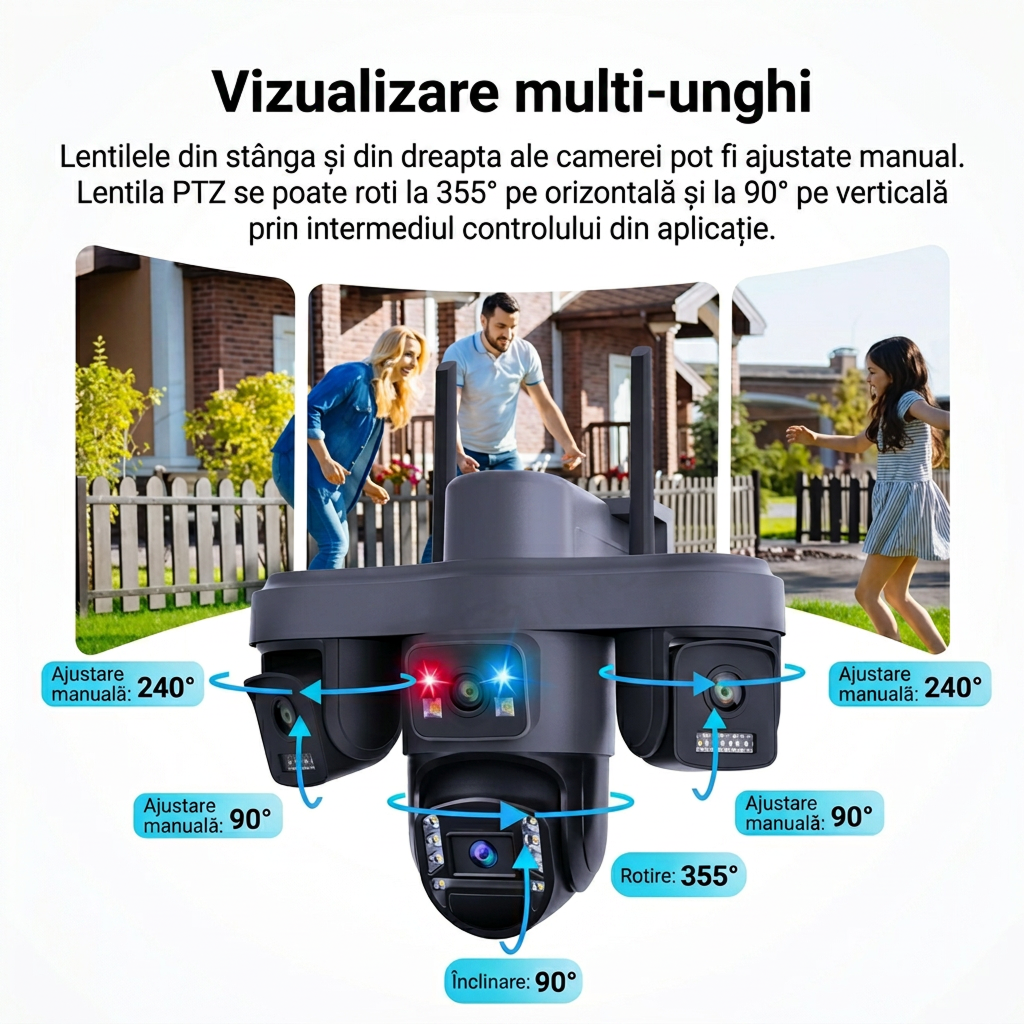 Cameră de Supraveghere 4G cu Panou Solar Dublu, 4 Camere Integrate, 12MP Ultra HD, IP66, Vedere Nocturnă, Card 32GB Inclus