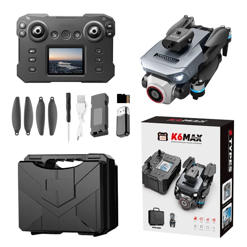 Dronă cu cameră și telecomandă cu ecran, rază zbor 150 m și autonomie 18 minute.