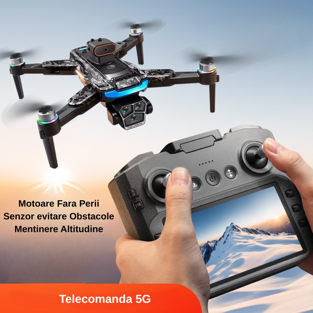 Dronă cu lumini RGB, senzori anti-coliziune și control precis în exterior.