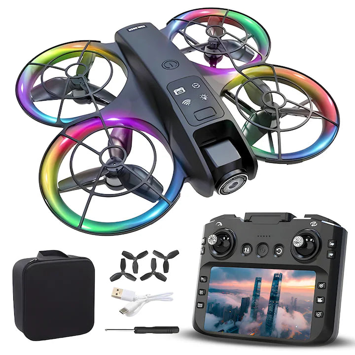 Dronă cu telecomandă cu ecran, cameră HD, lumini RGB și rază de zbor 200 metri