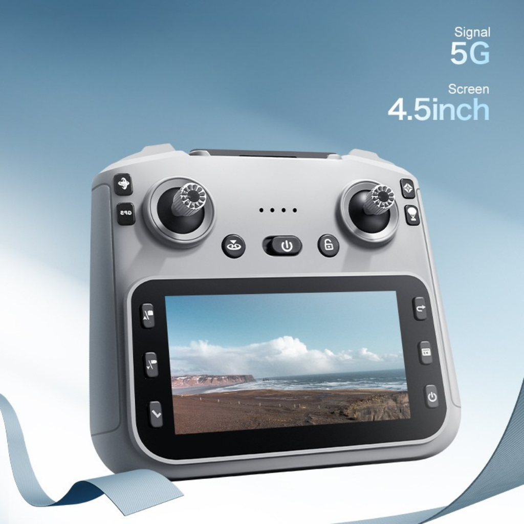 Dronă modernă cu senzori de obstacole, autonomie 15 min și telecomandă cu display mare.