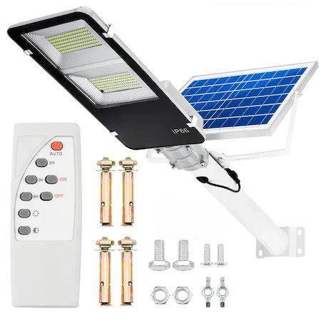 Lampa Solara Stradala, IP66, Panou Solar, Autonomie 20h, 6 Moduri de Functionare, Telecomanda si Suruburi Montare Incluse, Negru 
