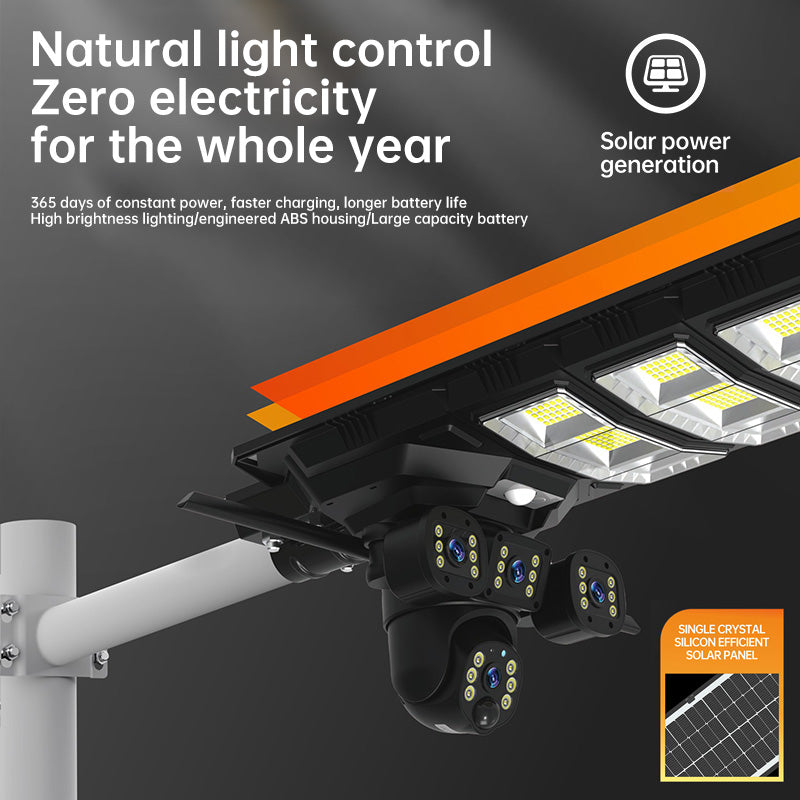 Lampă solară inteligentă cu cameră 3MP, 3 lentile și iluminare 300W.