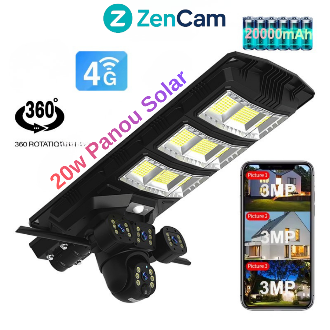 Lampă solară cu cameră 4G, trei lentile, proiector 300W și panou solar 20W.