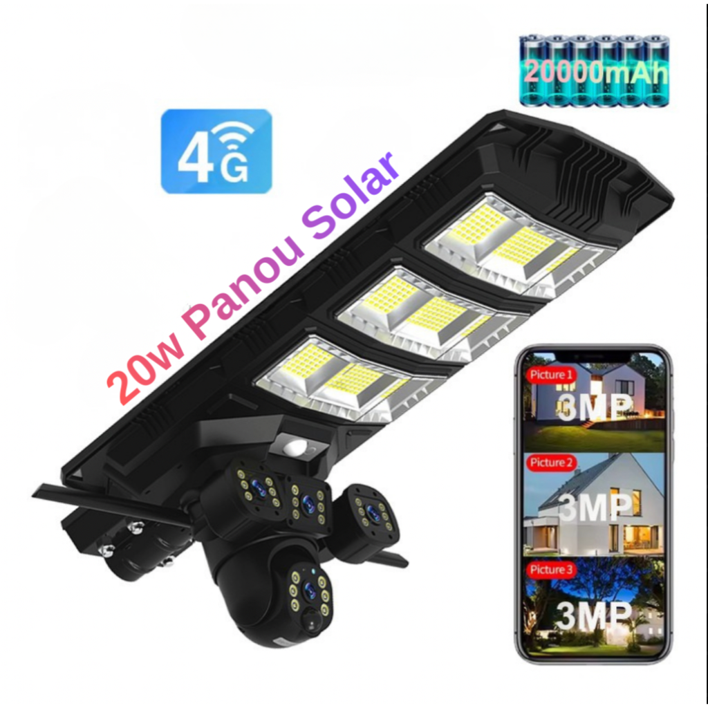 Lampă solară cu cameră 4G și 3 lentile, proiector LED 300W și funcție dublă de iluminare și supraveghere