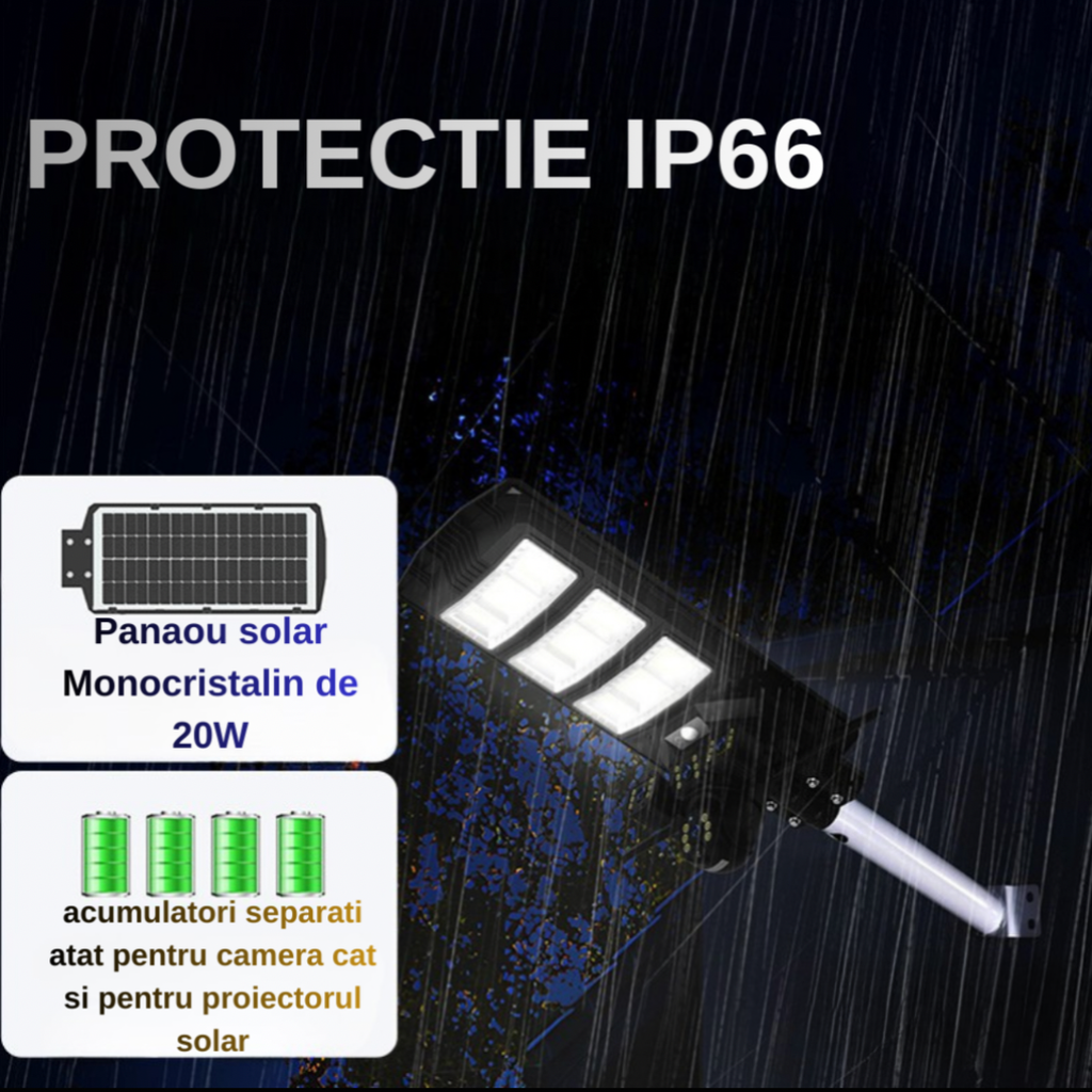 Lampă solară cu cameră 4G și vedere nocturnă color, senzor de mișcare și iluminare inteligentă 2 în 1