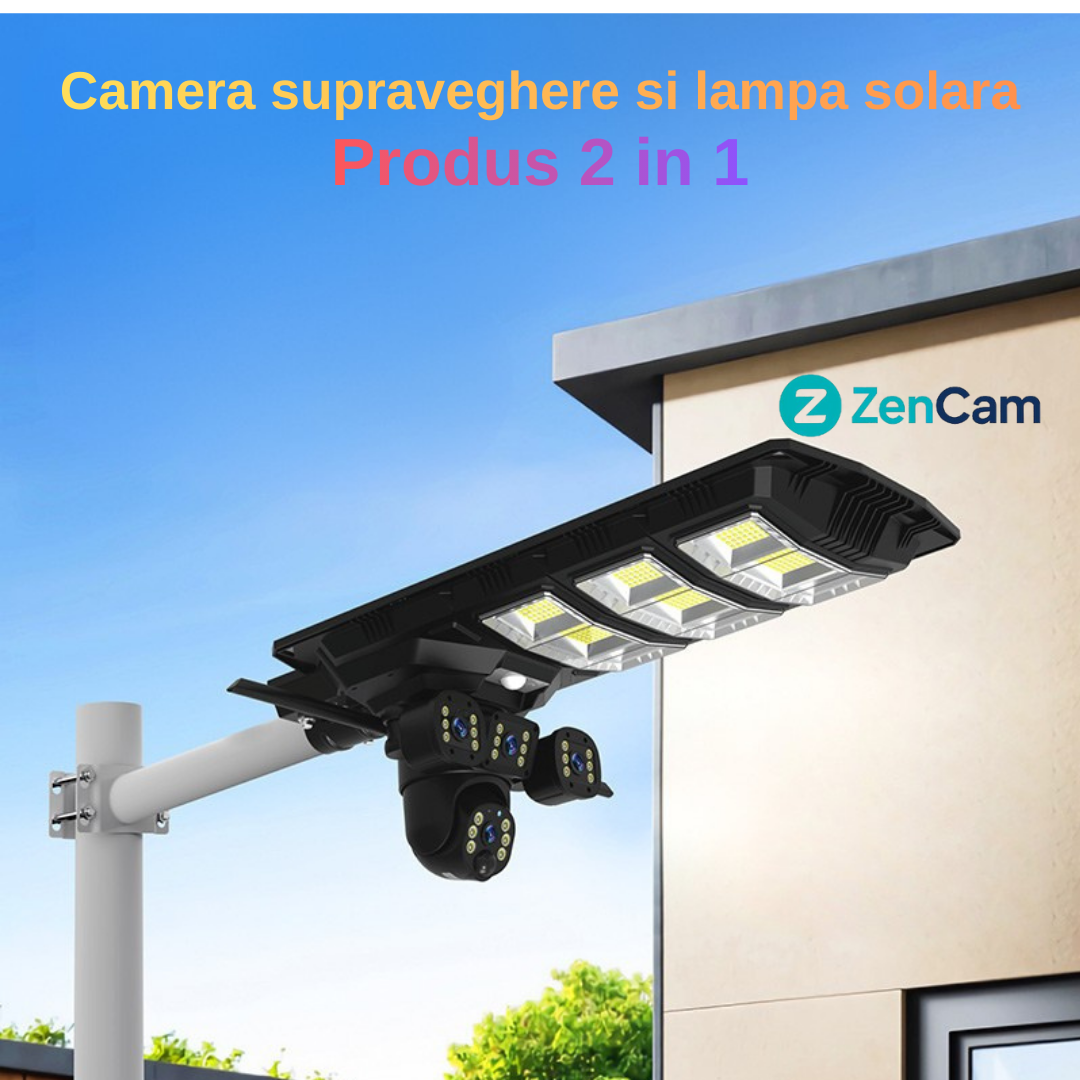 Lampă de supraveghere solară cu rezoluție 3MP și iluminare LED puternică.