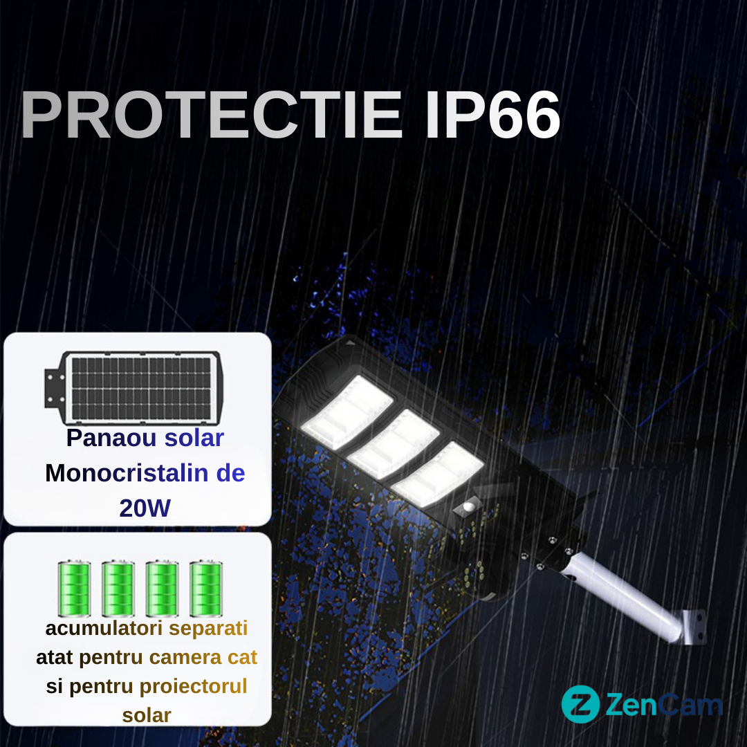 Sistem solar complet cu cameră 4G, lumini LED și panou solar 20W pentru curți.