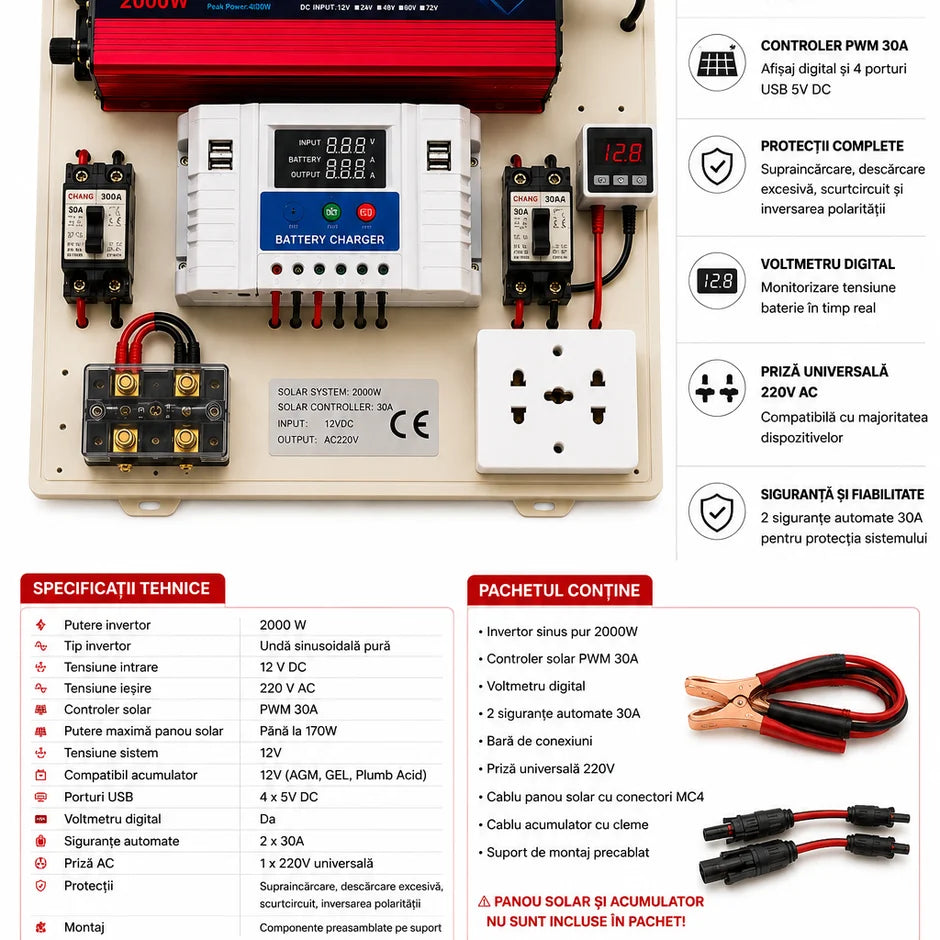 Kit Fotovoltaic Off-Grid 2000W cu Invertor Sinus Pur, Regulator PWM 30A și Cabluri Incluse – Soluție Completă pentru Cabană, Rulotă sau Camping