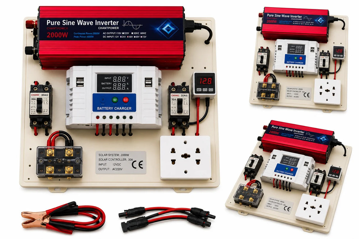 Kit Fotovoltaic Off-Grid 2000W cu Invertor Sinus Pur, Regulator PWM 30A și Cabluri Incluse – Soluție Completă pentru Cabană, Rulotă sau Camping