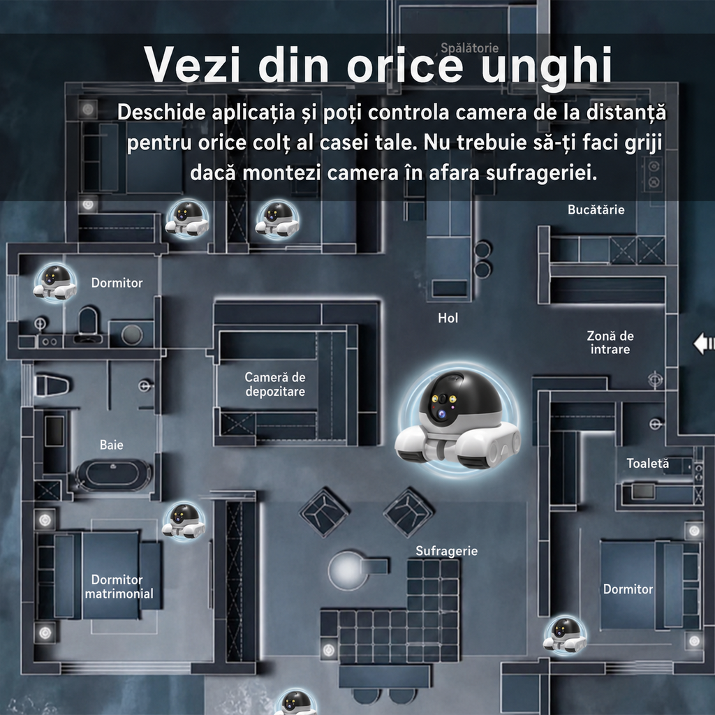Cameră video WiFi inteligentă tip robot cu două obiective 5MP pentru monitorizare locuință