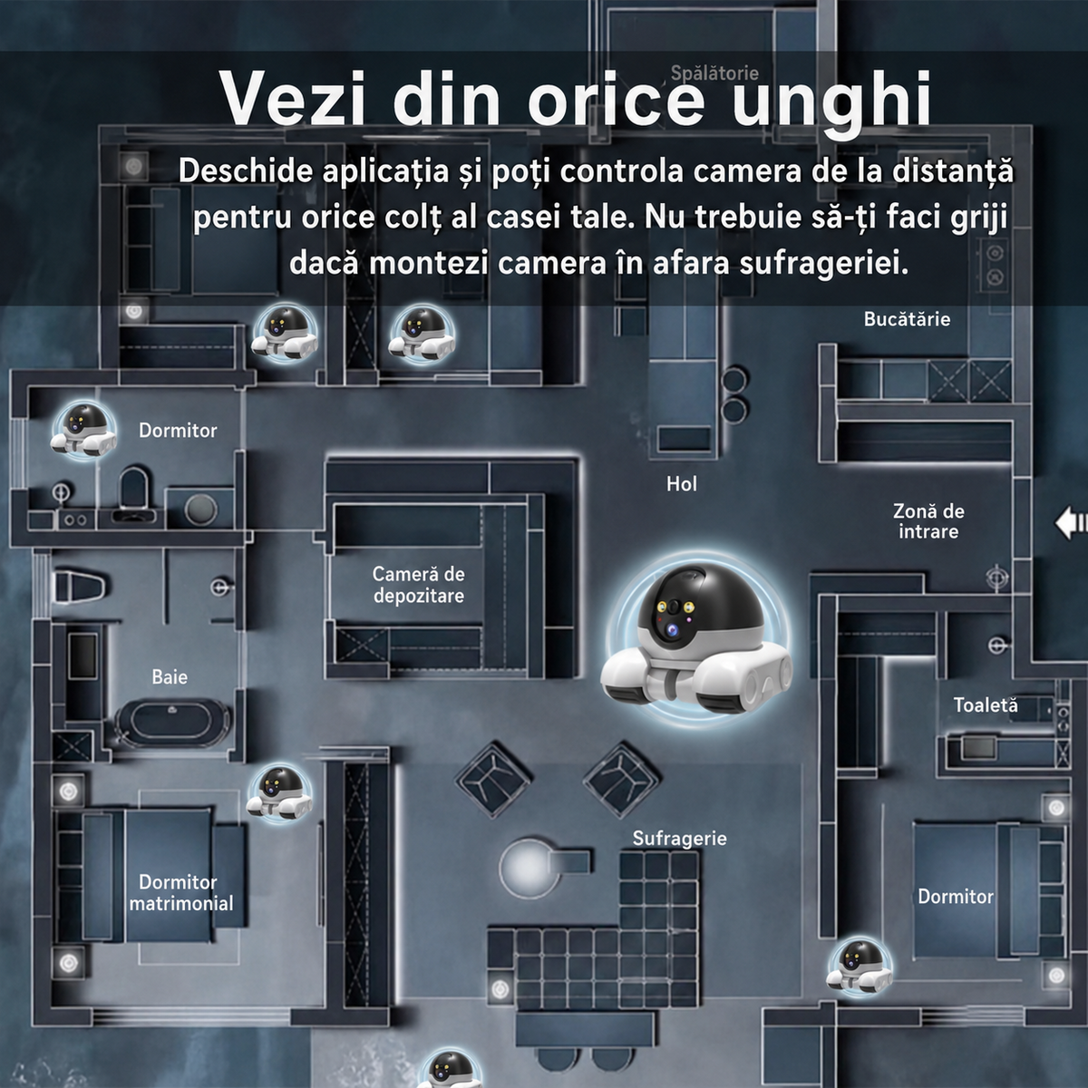 Cameră video WiFi inteligentă tip robot cu două obiective 5MP pentru monitorizare locuință