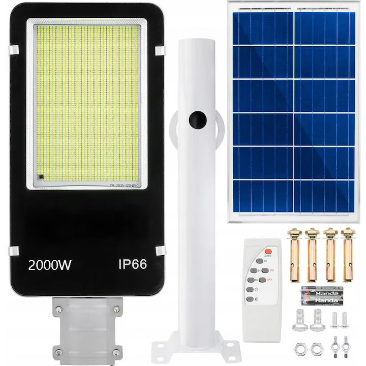Lampa Solara Stradala, 1200 LED-uri, Putere 2000W, Suport pentru Stalp, Perete, Complet Rezistenta la Fenomene Meteo (Protectie IP66), cu Telecomanda, negru 