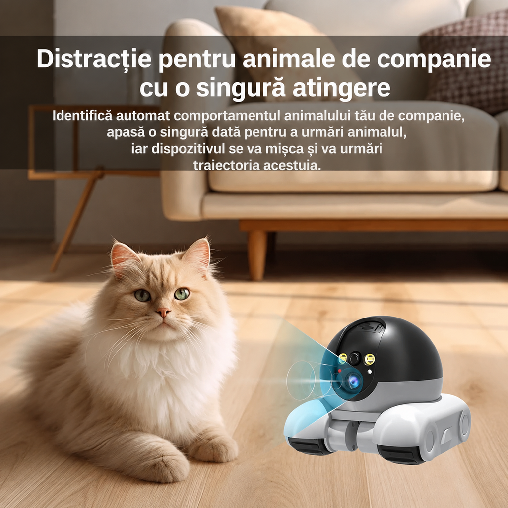 Cameră de Supraveghere WiFi Robot Mobil cu 2 Camere 5MP, Control din Telefon, Vedere Nocturnă, Audio, Monitorizare Animale și Locuință