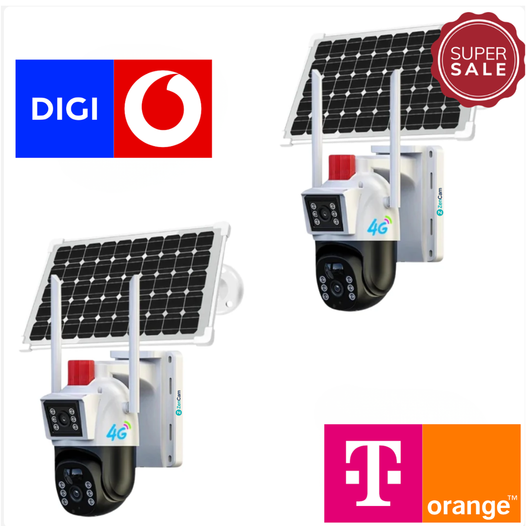 Set 2 camere solare 4G cu lentile 5MP și baterie 12.000mAh pentru supraveghere exterior.