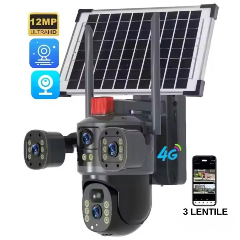 Cameră Solară 4G cu 3 Lentile, 5MP, Senzor Mișcare, IR Night Vision, Acumulator 16.000mAh