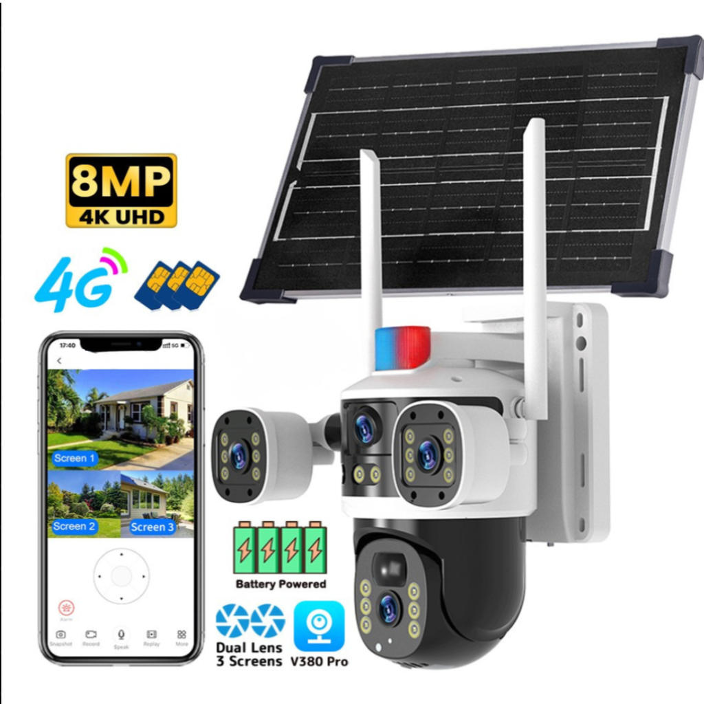 Cameră Solară 4G cu 3 Lentile, 5MP, Senzor Mișcare, IR Night Vision, Acumulator 16.000mAh
